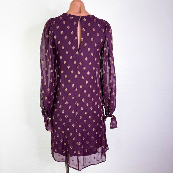 Calvin Klein Printed Tie Cuff Long Sleeve Shift Mini Dress Gold Burgundy 2 NWT - Picture 7 of 13